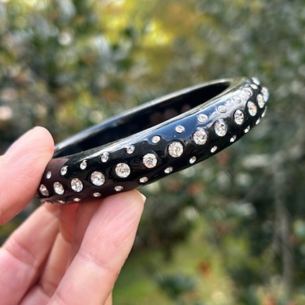 CHUNKY BLACK Rounded Lucite Rhinestone Bangle BRACELET